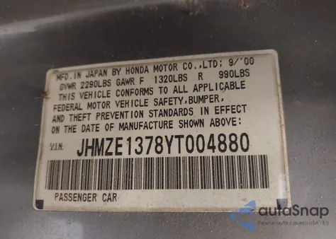 2000 Honda Insight из США, поврежденный, VIN JHMZE1378YT004880